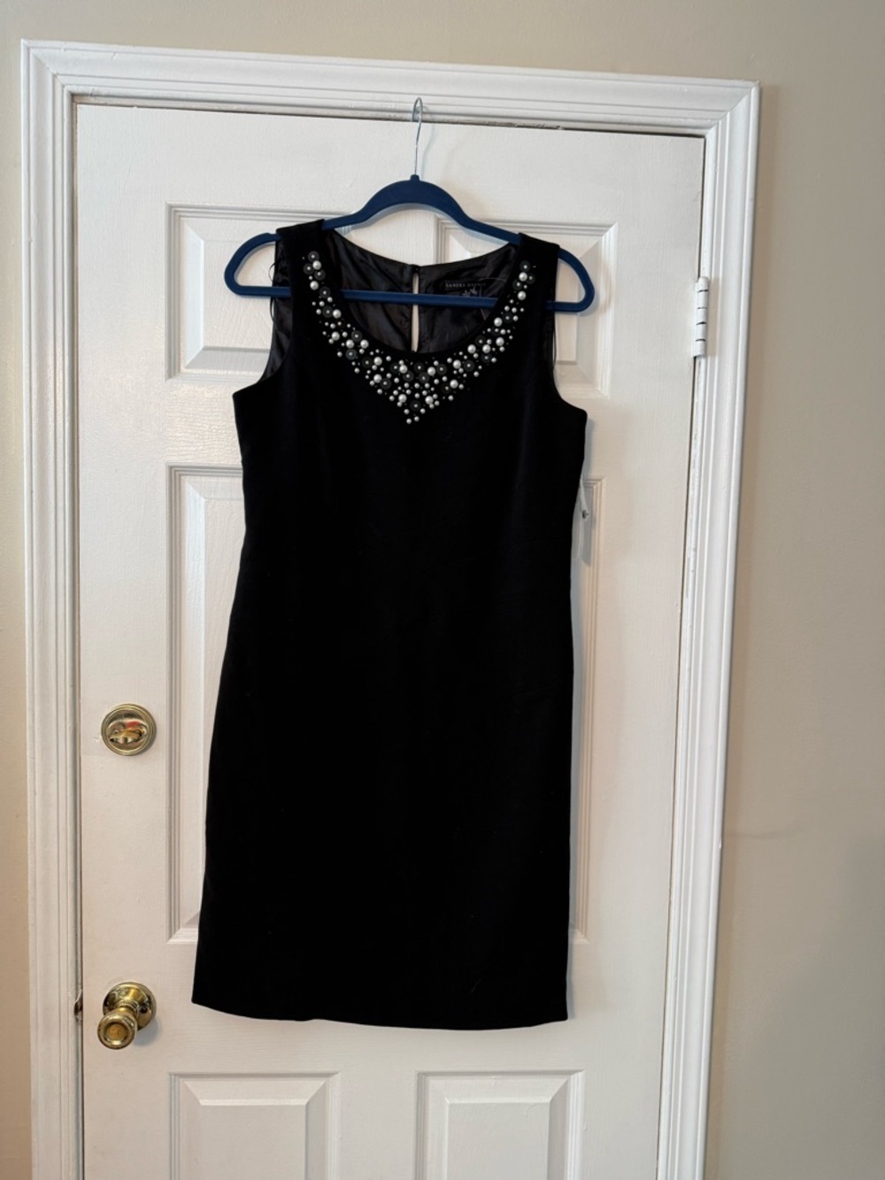 Sandra Darren Black Sleeveless Midi Sheath Dress with Pearl Accents